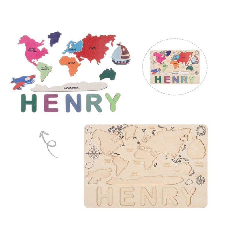 GUMOcrafts Custom Wooden World Map Name Puzzle - Kids Learning & Home Decor - GUMOCRAFTS