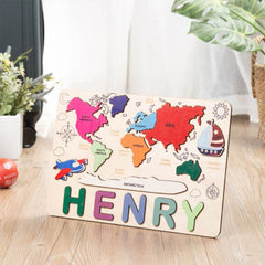 GUMOcrafts Custom Wooden World Map Name Puzzle - Kids Learning & Home Decor - GUMOCRAFTS