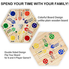 Wooden Double-Sided Board Game - Ludo & Track Game for 4-6 Players - GUMOCRAFTS
