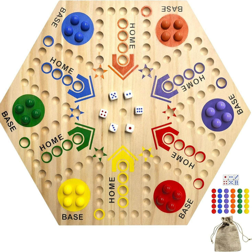 Wooden Double-Sided Board Game - Ludo & Track Game for 4-6 Players - GUMOCRAFTS