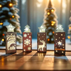 Christmas Wooden Lantern Set - Table Lamp for Desktop & Window Decor, Festive Handmade Carved Wood Art - GUMOCRAFTS