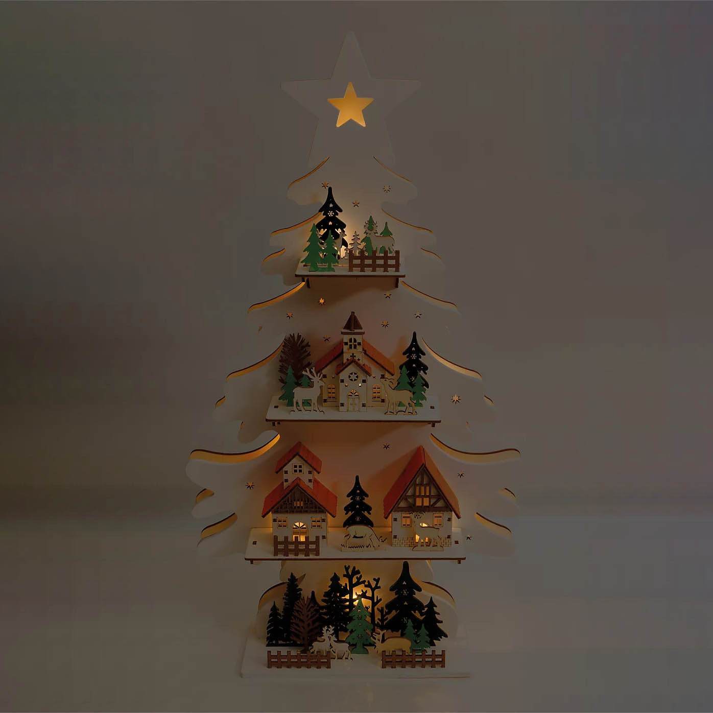Wooden Christmas Tree Decorative Lamp - Rustic Scene Tabletop Ornament - GUMOCRAFTS