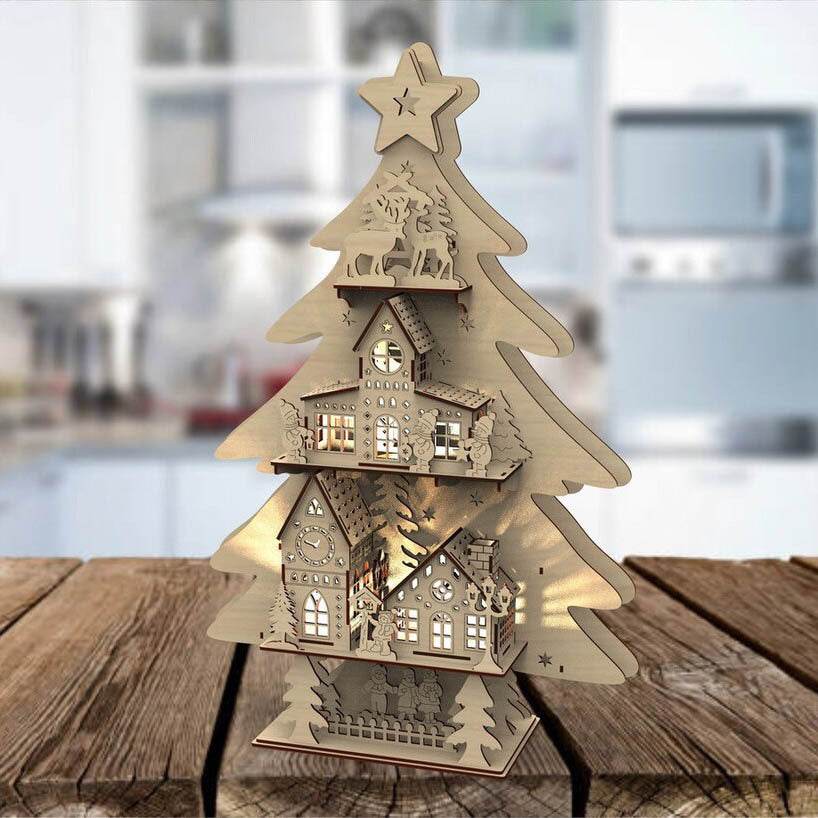 Wooden Christmas Tree Decorative Lamp - Rustic Scene Tabletop Ornament - GUMOCRAFTS