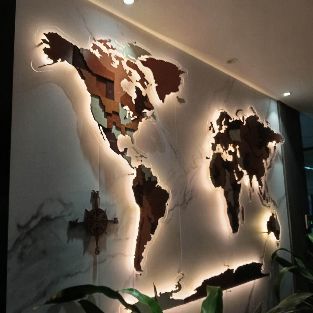 GUMOcrafts LED Lighted Wooden World Map Wall Decor - 3D Office & Home Background Wall Art - GUMOCRAFTS