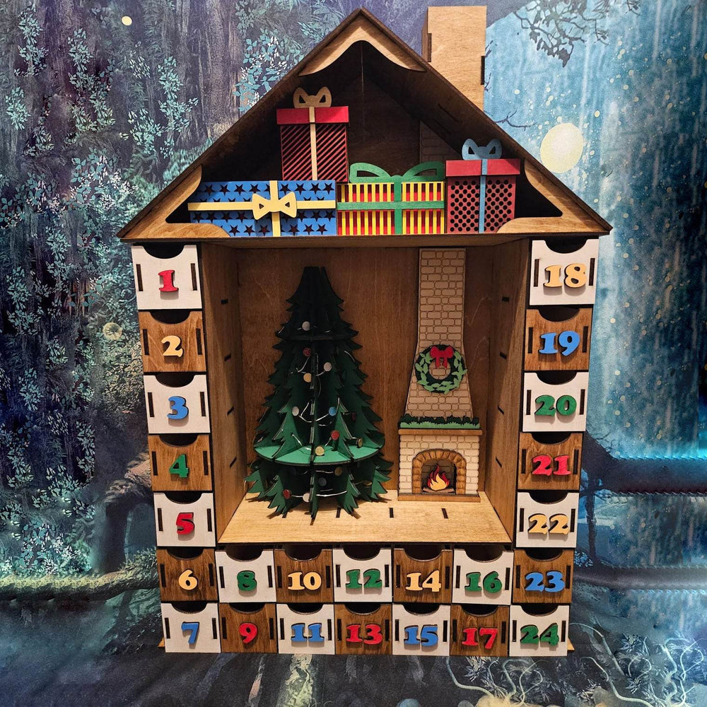 Large Lighted Wooden Christmas Countdown Calendar - Festive Tabletop Decor - GUMOCRAFTS