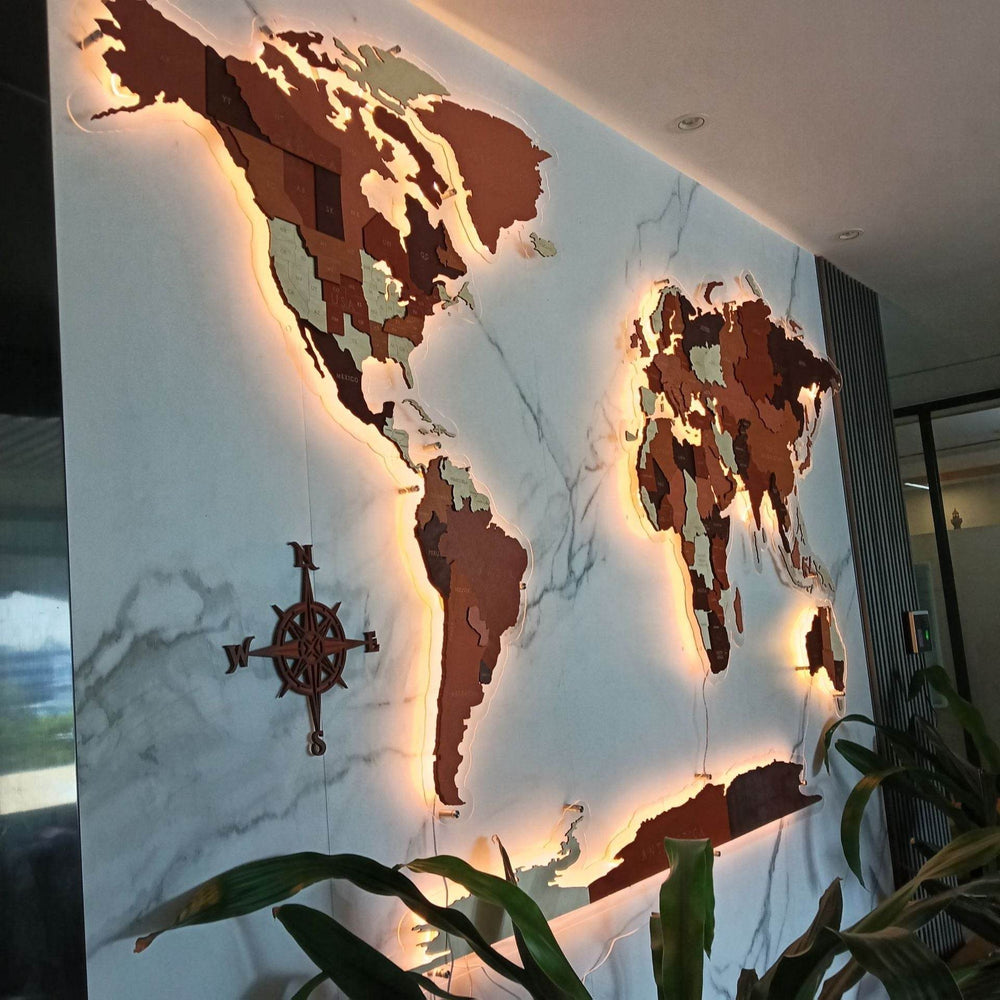 GUMOcrafts LED Lighted Wooden World Map Wall Decor - 3D Office & Home Background Wall Art - GUMOCRAFTS