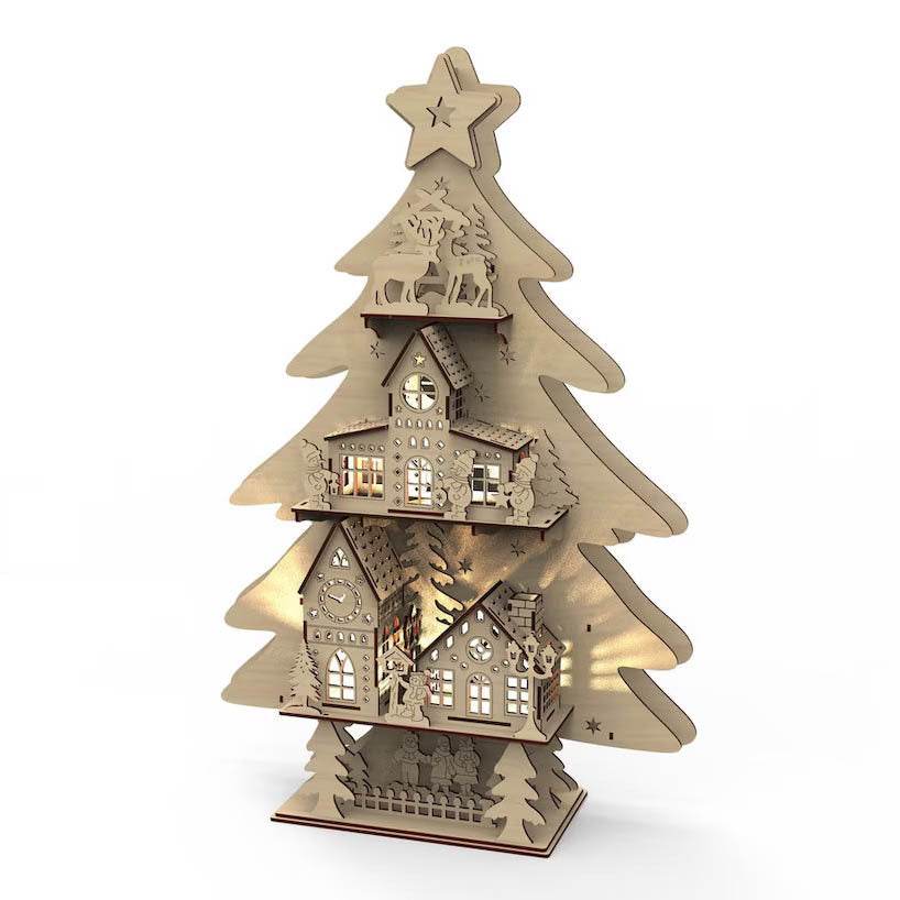 Wooden Christmas Tree Decorative Lamp - Rustic Scene Tabletop Ornament - GUMOCRAFTS