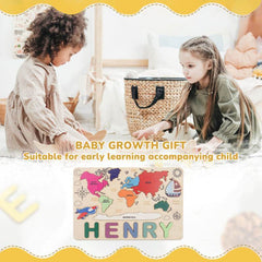 GUMOcrafts Custom Wooden World Map Name Puzzle - Kids Learning & Home Decor - GUMOCRAFTS