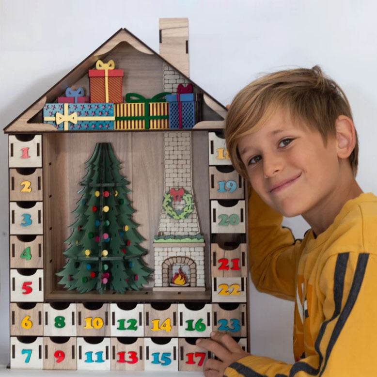 Large Lighted Wooden Christmas Countdown Calendar - Festive Tabletop Decor - GUMOCRAFTS