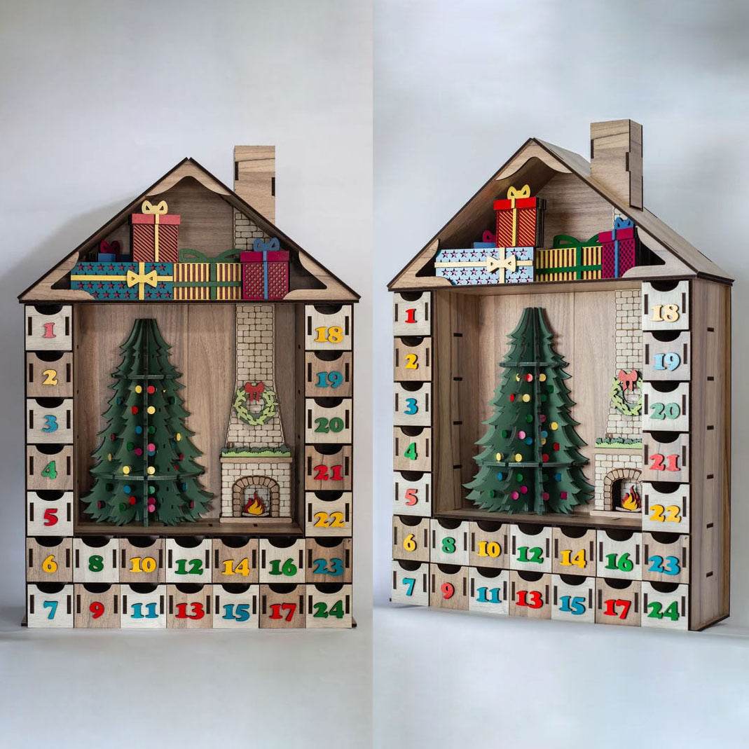 Large Lighted Wooden Christmas Countdown Calendar - Festive Tabletop Decor - GUMOCRAFTS