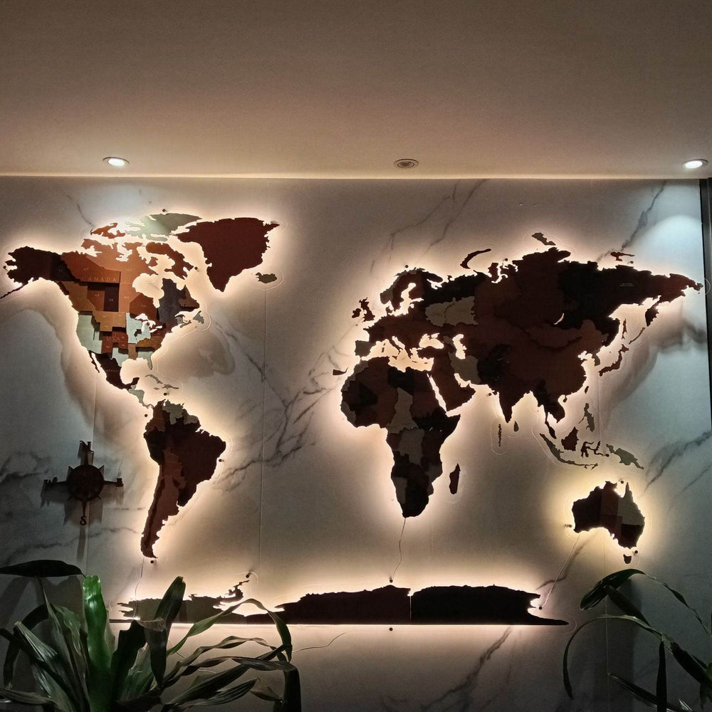 GUMOcrafts LED Lighted Wooden World Map Wall Decor - 3D Office & Home Background Wall Art - GUMOCRAFTS