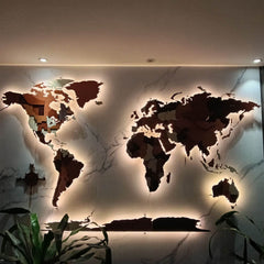 GUMOcrafts LED Lighted Wooden World Map Wall Decor - 3D Office & Home Background Wall Art - GUMOCRAFTS