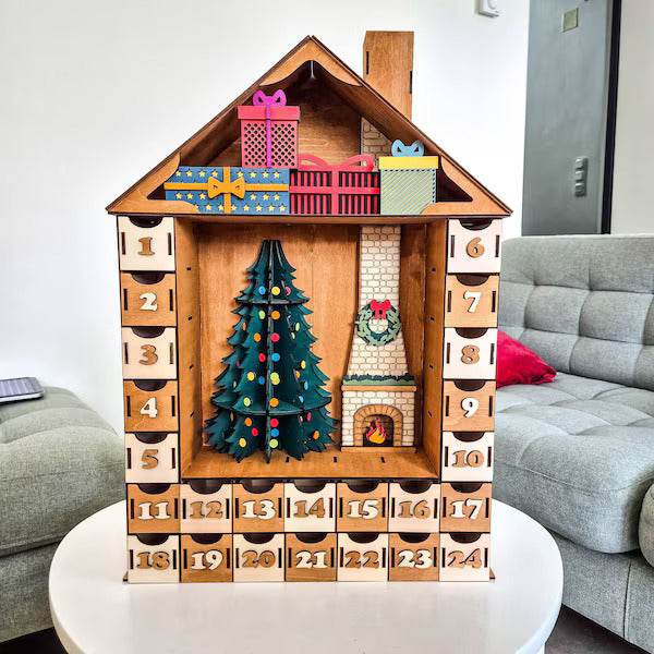 Large Lighted Wooden Christmas Countdown Calendar - Festive Tabletop Decor - GUMOCRAFTS