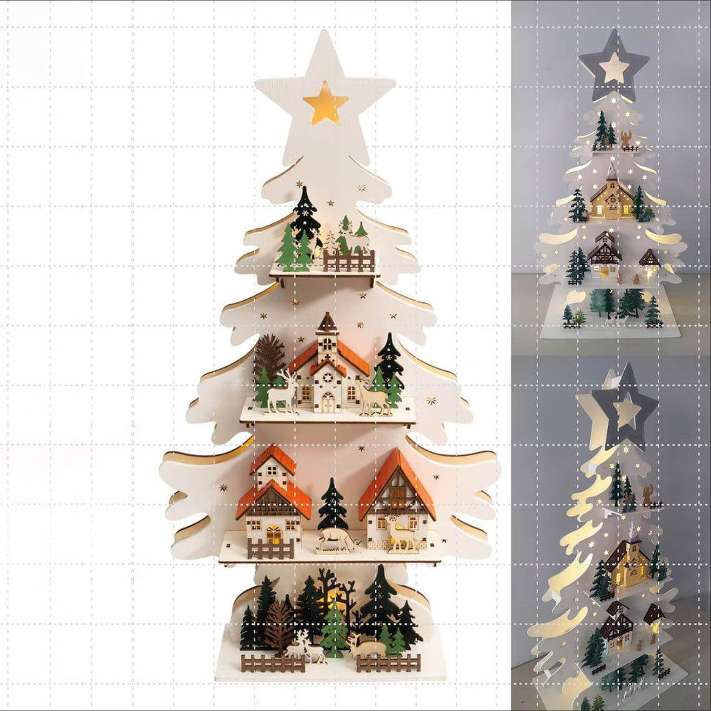 Wooden Christmas Tree Decorative Lamp - Rustic Scene Tabletop Ornament - GUMOCRAFTS