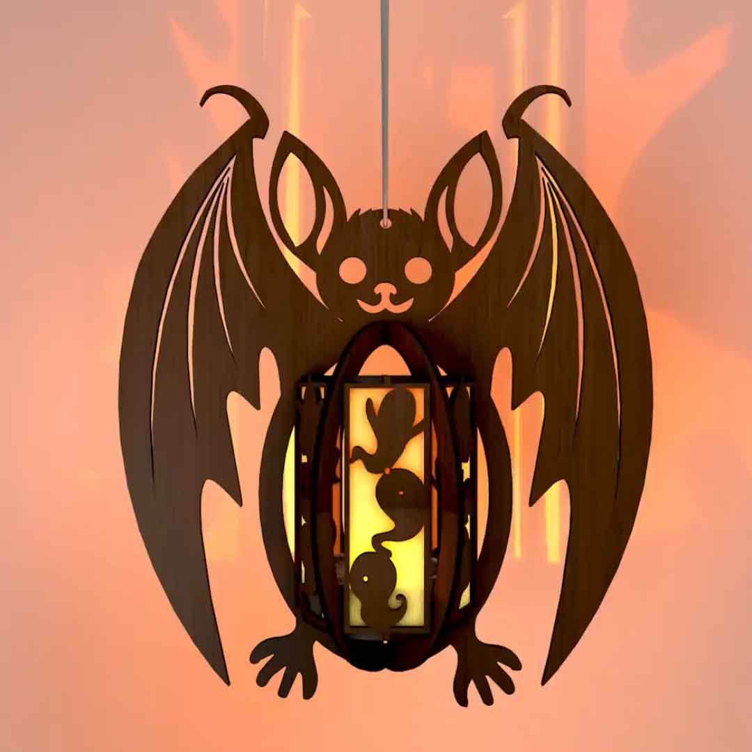 GUMOcrafts Halloween Wooden Bat Lantern - Hanging Decor for Party & Home - GUMOCRAFTS