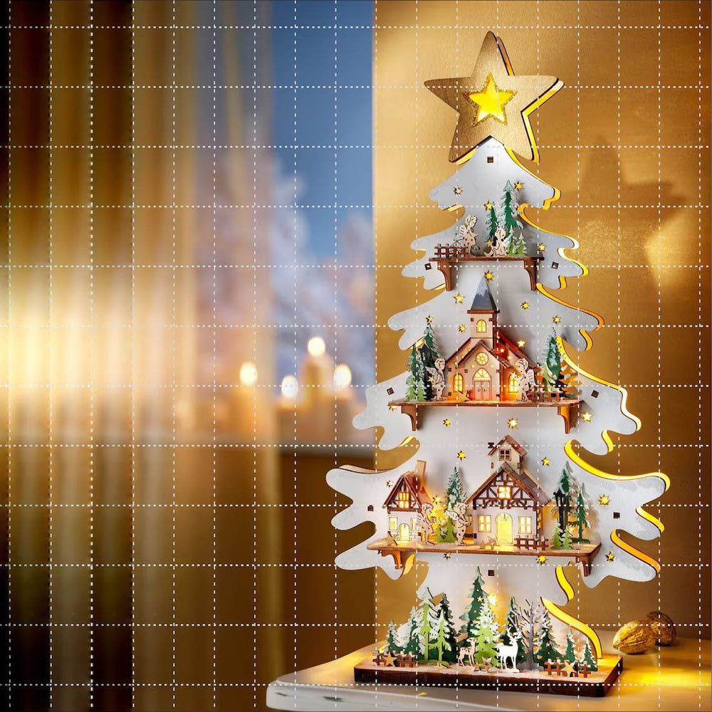 Wooden Christmas Tree Decorative Lamp - Rustic Scene Tabletop Ornament - GUMOCRAFTS