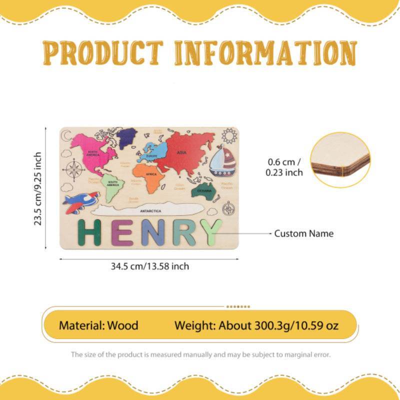 GUMOcrafts Custom Wooden World Map Name Puzzle - Kids Learning & Home Decor - GUMOCRAFTS