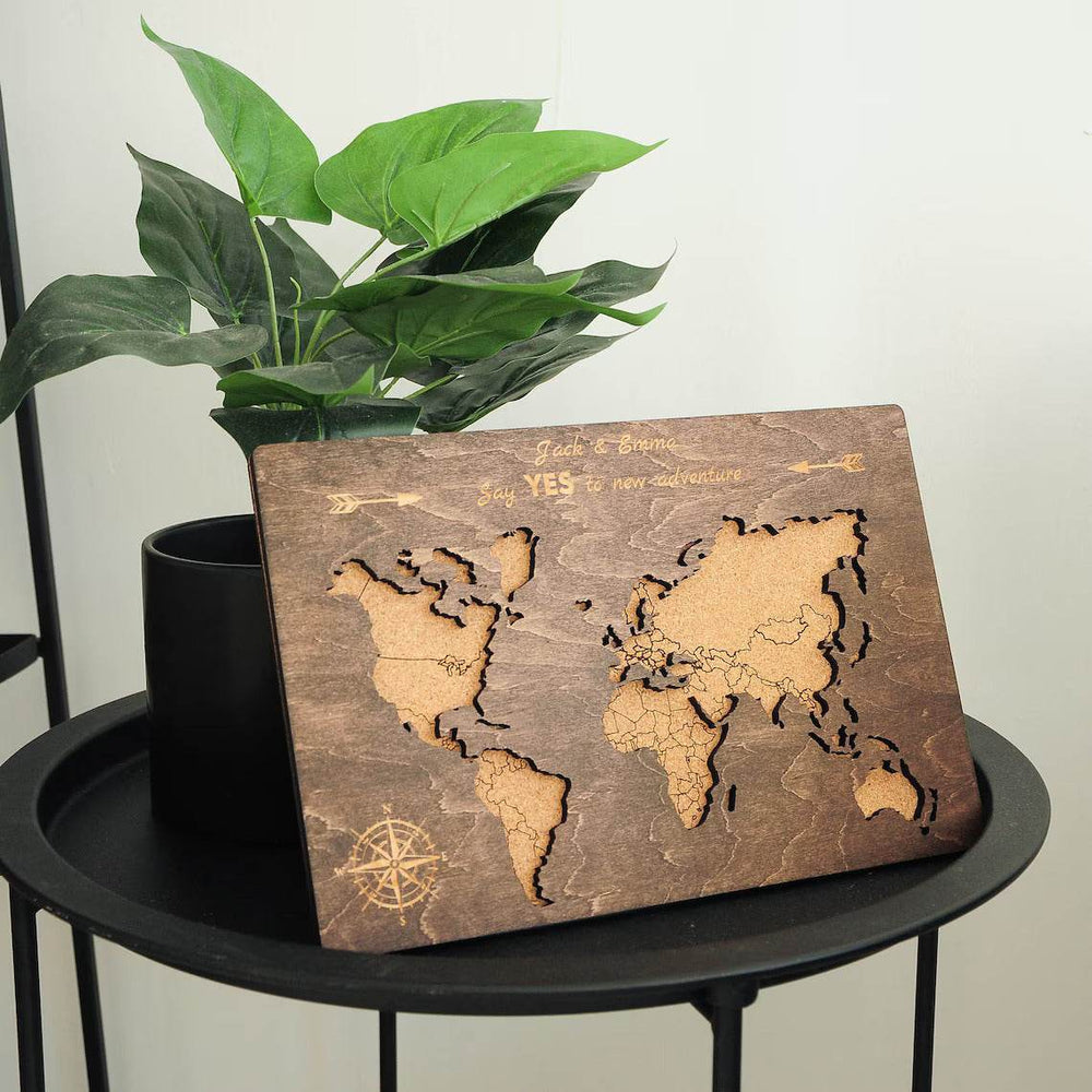 Wooden World Map Decor - Custom Travel Map Tabletop Ornament - GUMOCRAFTS