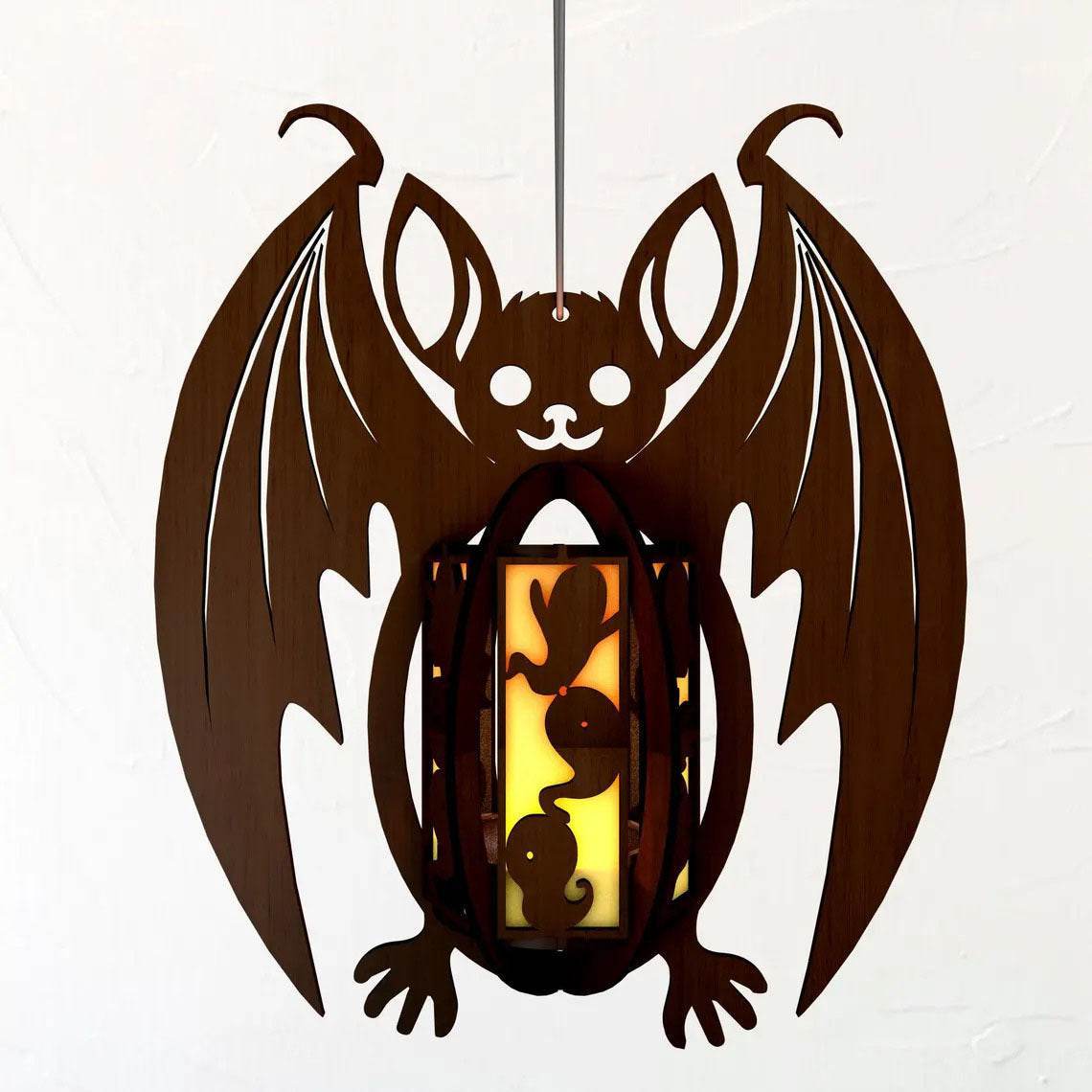 GUMOcrafts Halloween Wooden Bat Lantern - Hanging Decor for Party & Home - GUMOCRAFTS