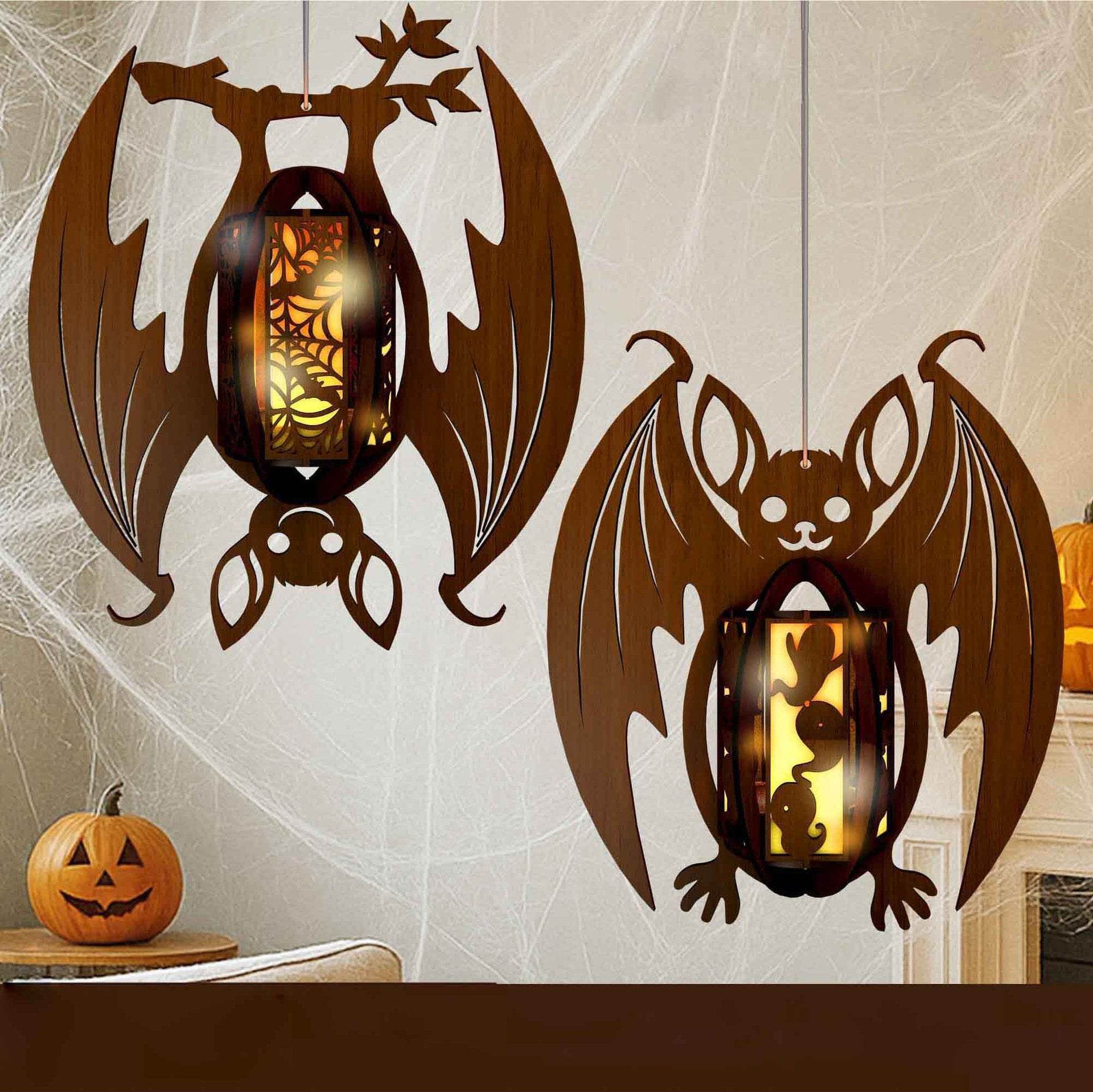 GUMOcrafts Halloween Wooden Bat Lantern - Hanging Decor for Party & Home - GUMOCRAFTS