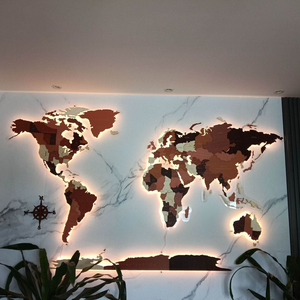 GUMOcrafts LED Lighted Wooden World Map Wall Decor - 3D Office & Home Background Wall Art - GUMOCRAFTS