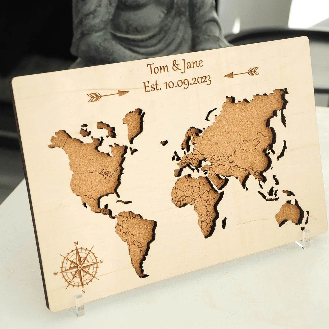 Wooden World Map Decor - Custom Travel Map Tabletop Ornament - GUMOCRAFTS