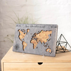 Wooden World Map Decor - Custom Travel Map Tabletop Ornament - GUMOCRAFTS