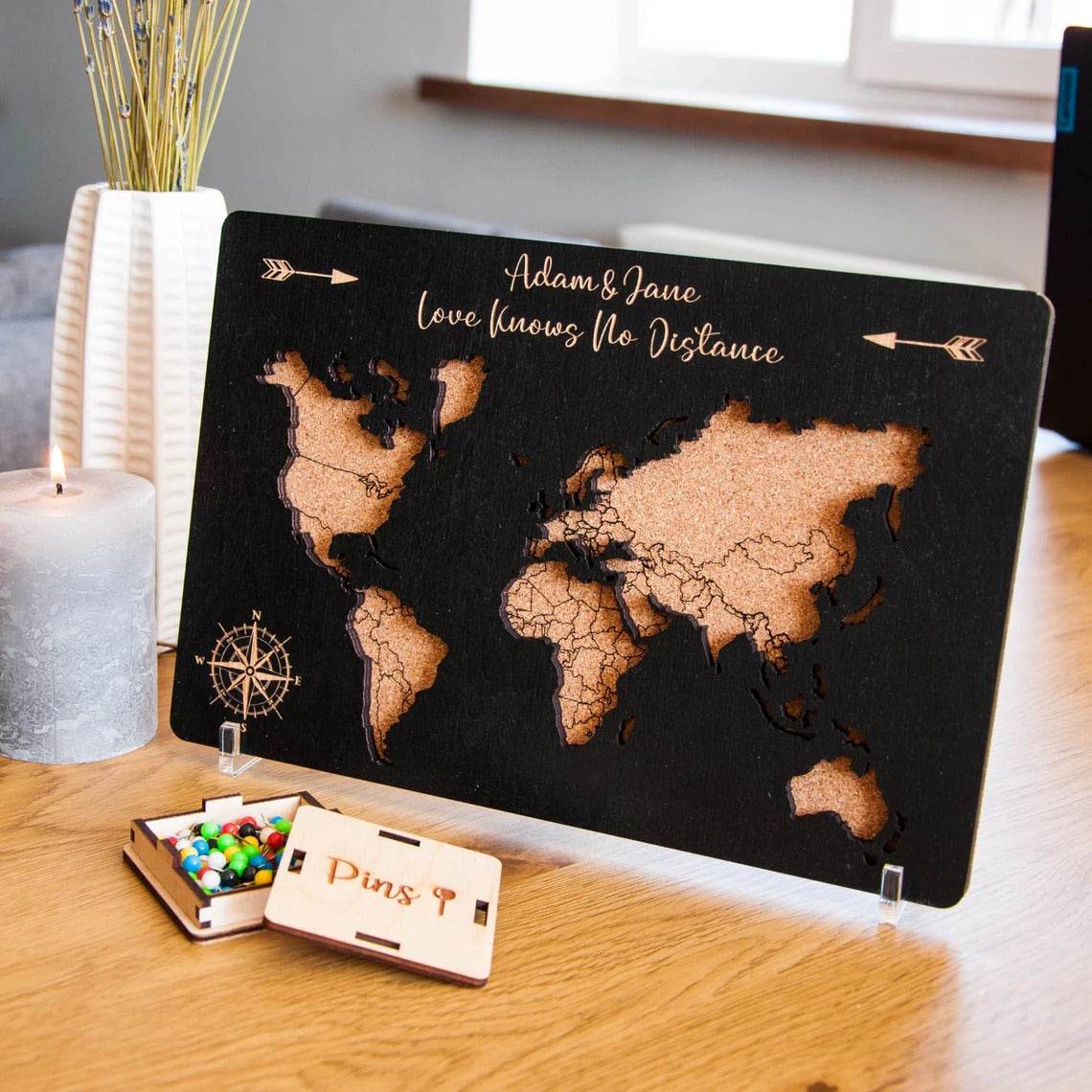 Wooden World Map Decor - Custom Travel Map Tabletop Ornament - GUMOCRAFTS