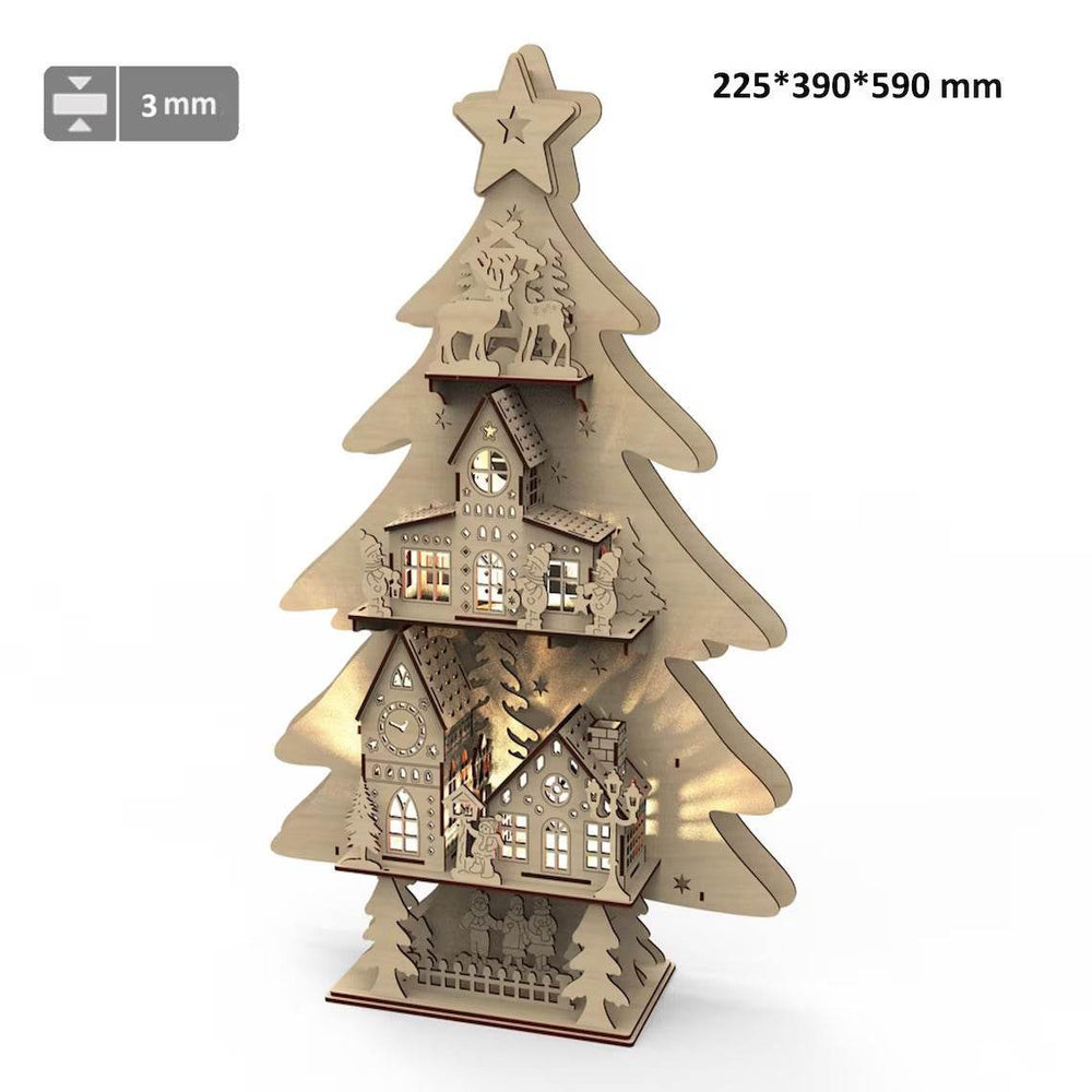 Wooden Christmas Tree Decorative Lamp - Rustic Scene Tabletop Ornament - GUMOCRAFTS