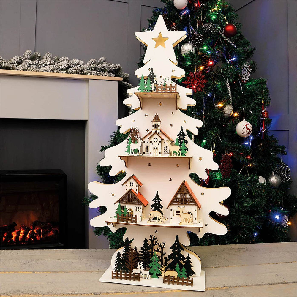 Wooden Christmas Tree Decorative Lamp - Rustic Scene Tabletop Ornament - GUMOCRAFTS
